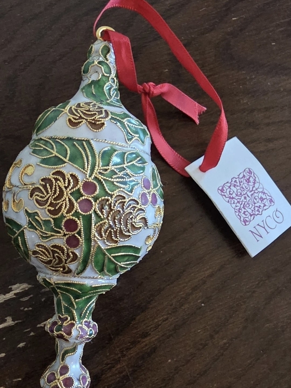 NYCO Green, Gold & Red Floral Cloisonné Hanging Ornament